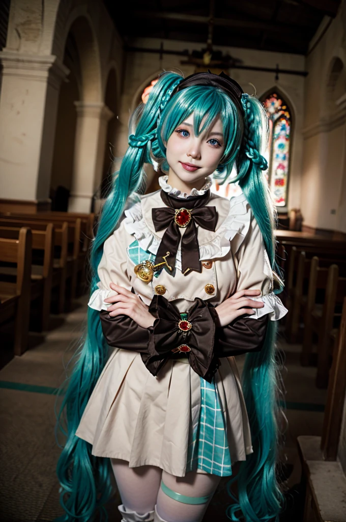 best qualityer, work of art, realisitic, photorealisitic, Molly Quinn, standing alone, looking ahead at viewer, ssmile, standing, whole body, v arms, hasune miku cosplay costume, hasune miku, cosplay, aqua hair, twintails, pretty long hair, Braid, chapel, long sleeves, overskirt, pleated overskirt, plaid, volantes, 弓tie, 弓, ha, jewerly, brooch, thigh strap, pantyhose, white pantyhose, White Boots, fundo cinza, blur scenario