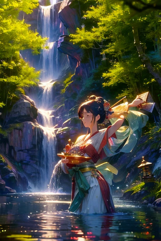 ((masterpiece,High resolution,8K quality,Highest quality)),Sacred sake is placed on a tray in the foreground.，Vermilion cup，Kutani ware sake bottle，A miraculous waterfall，mossy rock，The goddess dances on the rocks，A river flowing from a sake bottle，Sunlight filtering through the trees，Warm Day