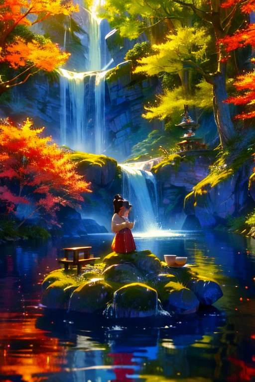 ((masterpiece,High resolution,8K quality,Highest quality)),Sacred sake is placed on a tray in the foreground.，Vermilion cup，Kutani ware sake bottle，A miraculous waterfall，mossy rock，The goddess dances on the rocks，A river flowing from a sake bottle，Sunlight filtering through the trees，Warm Day