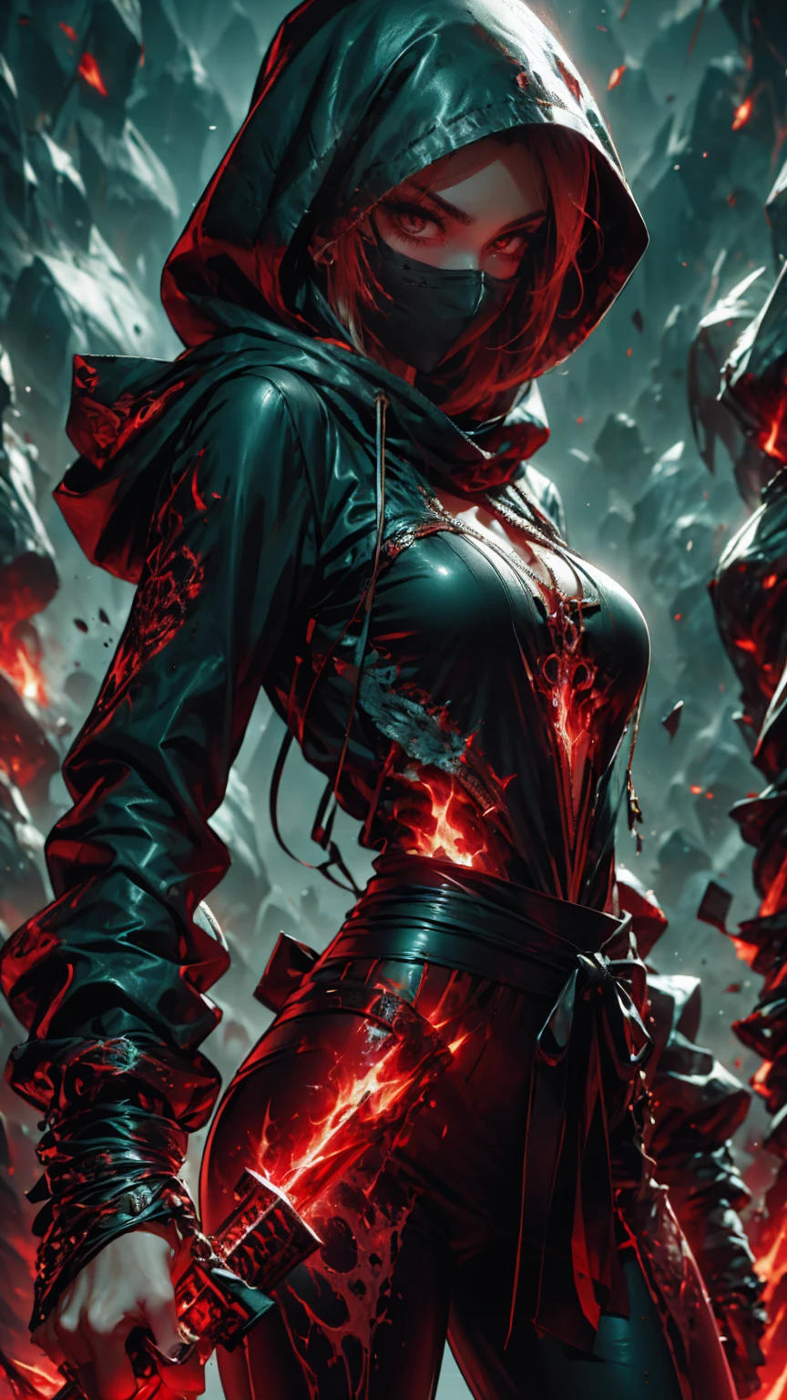 A slim woman dressed in all black, her hood hiding her hair as she wields a katana with deadly precision. Her eyes are a piercing red, a stark contrast to her black mask covering her mouth. She moves with the grace and style of an anime character, fighting and killing her enemies with ease.