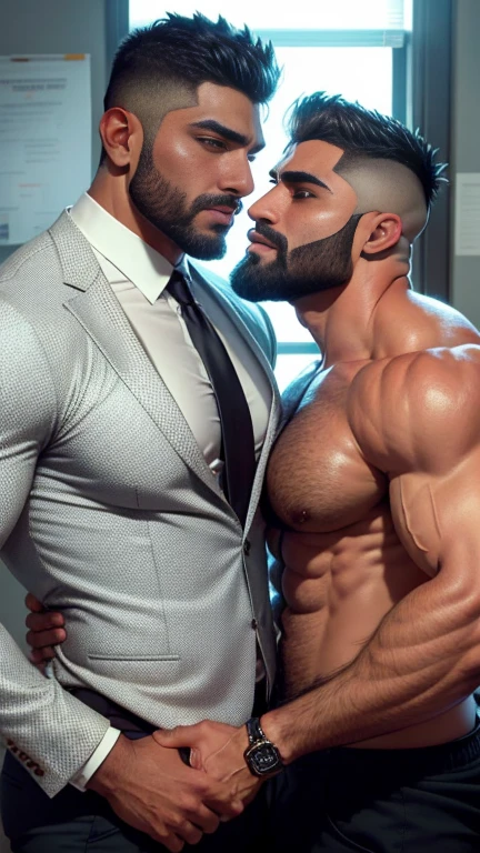 Indian latino gay couple doing mouth to mouth tounge to tounge kissing in office, muscular men, muscular attractive men, male art, gigachad muscular, muscular! fantasy, gay, bodybuilder body, bodybuilder, muscular body, big muscle, ,Realistic, ((Masterpiece)), ((Best quality)), (Detailed), Cinematic, Dynamic lighting, soft shade, Detailed office background, Professional photography, Depth of field, Intricate, Detailed face, Subsurface scattering, photo-realistic hair, Realistic eyes, Muscular, Manly, spiky hair cut，Handsome photo (indian Latino beared men), Mecha 4RMOR, front opened shirt on upper body， Glowing, Dynamic pose, office background，stubbles, Pants,The huge penis in formal trouser，the sunny day