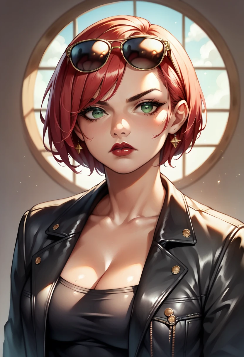 (high-level image quality), (high quality), (high resolution), (detailed), (masterpiece), beautiful woman, ((caucasian)), green eyes, red hair, short hair, dark red lipstick, busty, slender body, Detailed eyes, perfect eyes, Detailed face, leather jacket, strapless dress, looking to side, posing