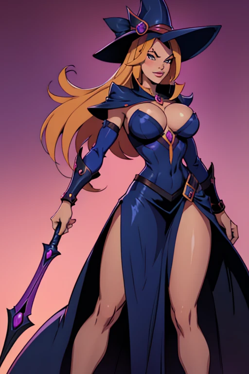 Long blond hair, Long black rubber horns (with purple shines) on head, Full body naked exposed, Nipples exposed, Vagina exposed, Long Black rubber cape (with purple shine) behind back, Sinister smiling Face, Pink glowing eyes, Long Black rubber Gloves (with purple shine), Long black rubber boots (with purple shine)