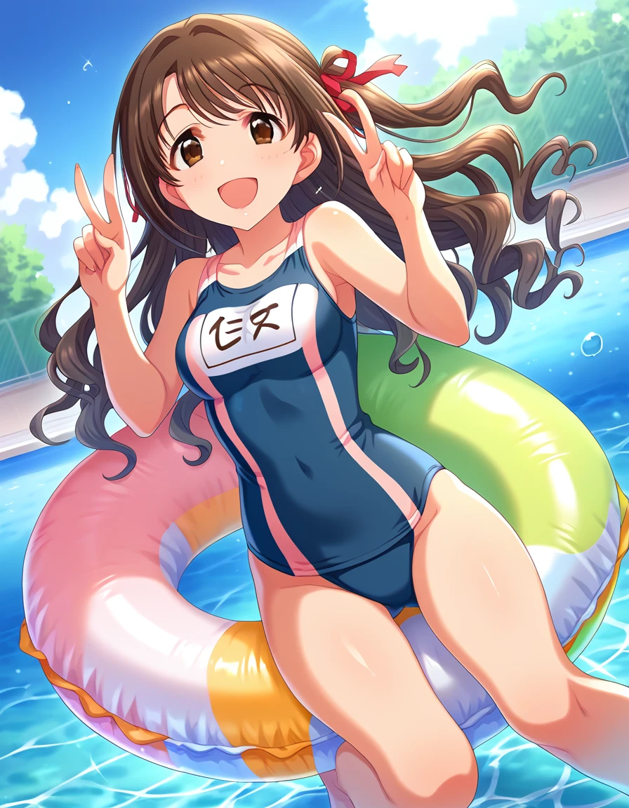 score_9, score_8_Excellent, score_7_Excellent, sauce_anime,
evaluation_Sensitive, Sexually suggestive,
One person, smile, Joyful, Open your mouth，Double Peace，Old school swimsuit，
Outdoor, Sunbeam,Pool，Swim ring， Long Hair, Brown Hair, Wavy Hair,  one side Excellent,  Hair Ribbon, Brown eyes, Mid-chest, Thighs, Gravure pose，