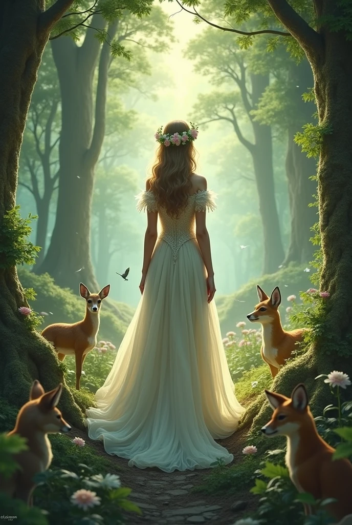 Aphrodite stands in an enchanted forest, where moonlight filters through the leaves of tall trees. The ground is covered in a blanket of moss and wildflowers. Between the trees are small lakes that reflect the glow of the moon and stars. A delicate veil of mist envelops the environment, and the goddess is accompanied by wild animals, such as deer and nocturnal birds, who watch her in silence.