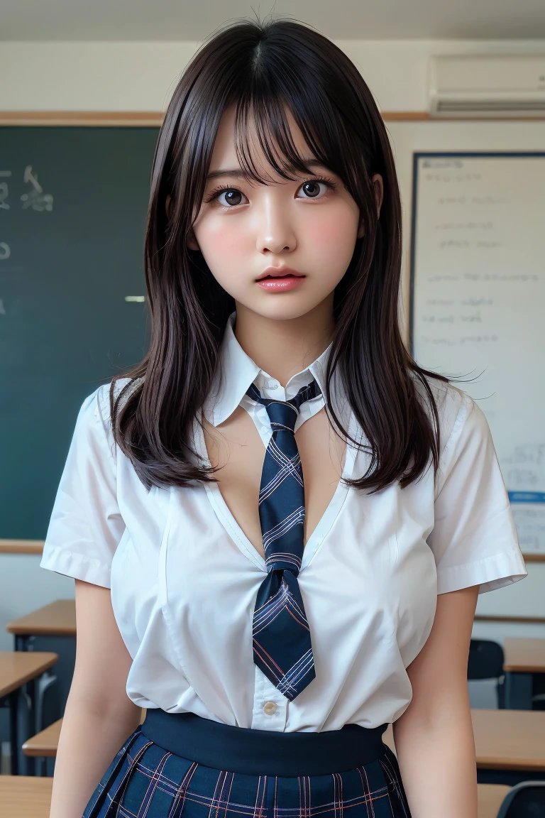 ((Highest quality, High resolution, Hmph, Pixel perfect, 4K, Hmph, Hmph))), single, alone, Beauty、The whole body is visible、 ((Long Hair, bangs, Brown Hair)), ((Brown eyes, Beautiful eyelashes, Realistic eyes)), ((Detailed face, Blushing:1.2)), ((Smooth texture:0.75, Realistic texture:0.65, Realistic:1.1, Detailed Photos)), Medium chest, Dynamic Angle, Perfect body, ((Unbuttoned shirt、I'm not wearing shoes、White Sox)), An empty classroom、Sit at a desk、Lower&#39;I took my feet off the desk.............................................................、evening、、、Very embarrassing panic smile、(Spread your legs、Knees wide open、Floral lace panties)、、(Pink lace bra)、Angle from below、((Prostitute))、((Sexy))