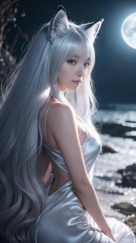 (extra detailed body、extra detailed face、best qualtiy:1.2)、femele、looking at the viewers、(cyborgs、From the back half of the head to the body is an android、makina、White hair、sixteen years old)、(Space in the background:1.4)