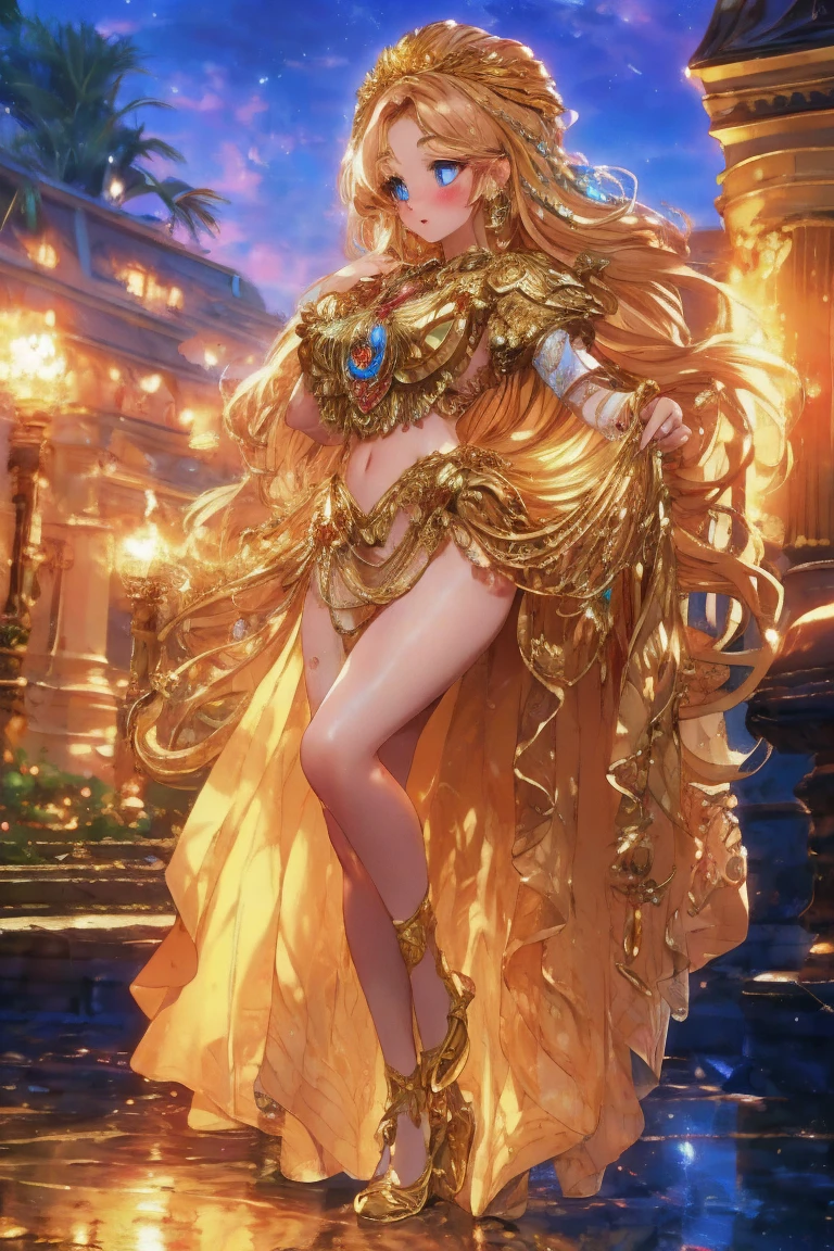 top-quality、Top image quality、masterpiece、girl with((20yr old、Best Bust、big bast、Bust 85,Beautiful wide open golden eyerest,Blonde long hair、A slender、Large valleys、Tank Tops、Cosmic dress、Gold Bikini、bending forward、Laugh))hiquality、Beautiful Art、Background with((Evening Party、Golden Chain)))masutepiece、visualart、depth of fields、