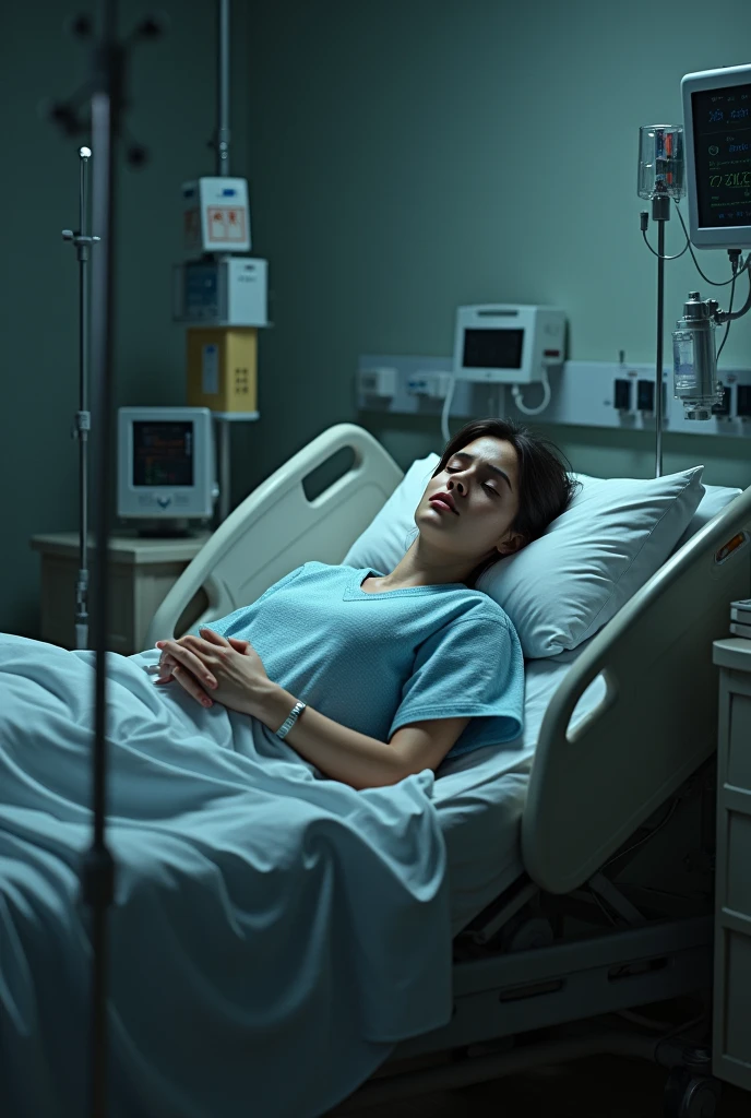 A bangladeshi black woman her age is 55
she lies in magura shadar hospital beds left side on oxygen, cover by blankets, beside a nurse
she is a heart attack peshaint. Beside lots of beds,