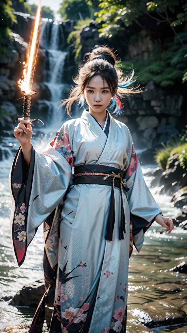 ((((Colorful kimono)))), (Ultra HD, Highest quality, High resolution, Surreal, so beautiful), 24000dpi, Beautiful woman, Long Tail, Well-formed eyes, greatest visual acuity, 1, Fascinating, Totally Japanese, ((Japanese Kimono:1.2, Seraphim)), (((2 Foot Knife, He has an electric Japanese sword., Bidirectional))), Blue Lightning, Charge Move, Special Move Stance, All-in-one, (Seven swords fly around her), whole body, Exquisite details、Graceful posture, Bright smile