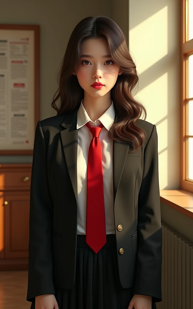 best quality, masterpiece, 1girl, Beautiful face, (photo realistic:1.3), rim lighting, (high detailed skin:1.2), 8k uhd, dslr, high quality, high resolution, 4k, 8k, Bokeh,  absurdres, best ratio four finger and one thumb, (realistic:1.3), cute 1girl, wearing black formal blazer, medium breasts, short skirt,