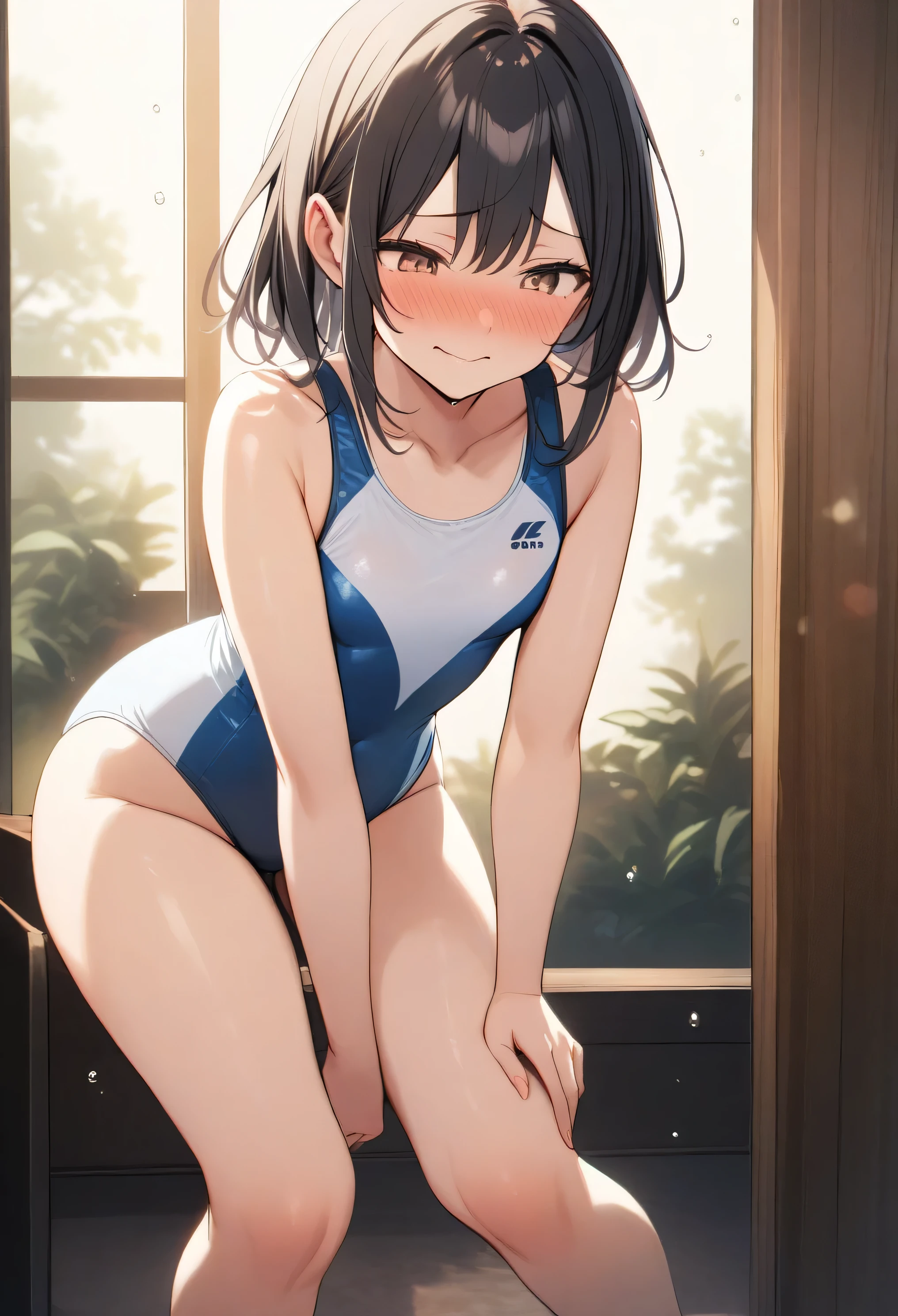 Helga Haruka,  blue eyes,  brown hair,  Short Hair , Brown Hat, Gym clothes,  1 girl , Alone, Please show the viewers 々Looking towards, blush,peeing((peeing stain, peeing self))