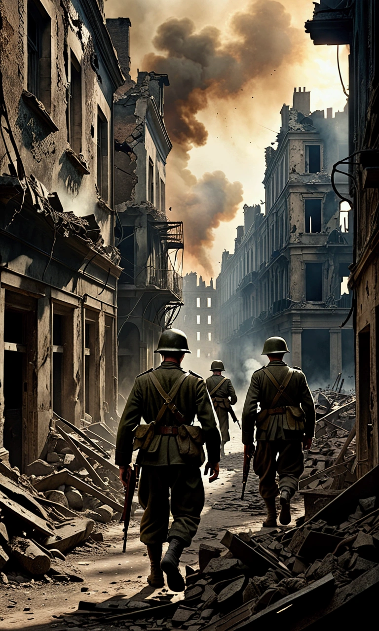 soldiers walk through a destroyed city with a large plume of smoke, realistic apocalyptic war scene, war photo, war scene, war scenes, apocalyptic 8 k, apocalyptic 8k, war photography, sergey zabelin, ( apocalyptic ) 8 k, photo of war, war action, war in ukraine, ww 2 historical photography, ww2 historical photography, war landscape