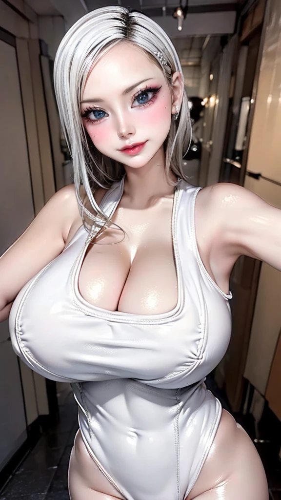 (spoken heart:1.5), Highly detailed CG, Highly detailed skin, Perfect Anatomy, Dynamic Lighting, (Anime-like:1.5), Japanese Girls, (1 girl), (Mature Woman :1.4),  Black Hair, Short Hair, Beautiful Eyes, wide double eyelids, evil smile, (Huge breasts:1.3), (Curvy:1.4), (Shiny metallic white one-piece swimsuit:1.8), (sunny:1.2), Are standing、Fold your arms、entrance、From below