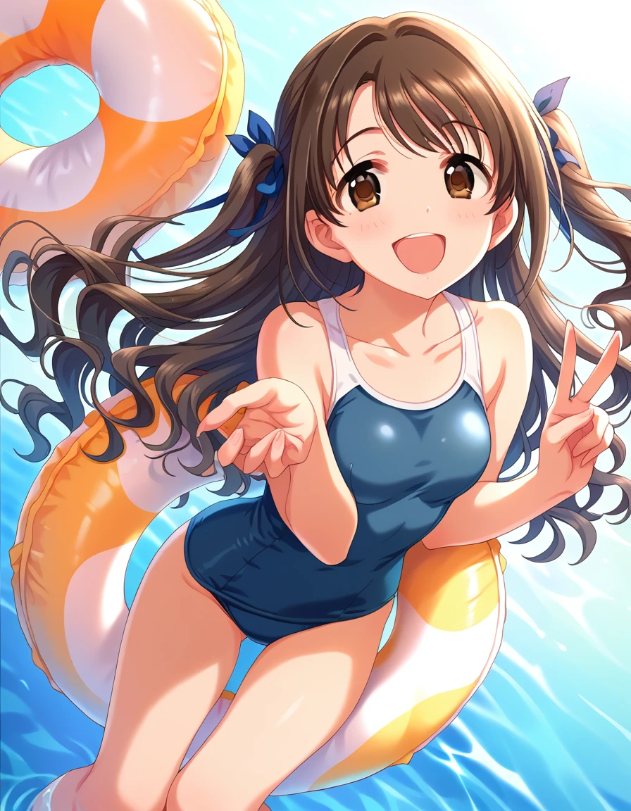 score_9, score_8_Excellent, score_7_Excellent, sauce_anime,
evaluation_Sensitive, Sexually suggestive,
One person, smile, Joyful, Open your mouth，Double Peace，Old school swimsuit，
Outdoor, Sunbeam,Pool，Swim ring， Long Hair, Brown Hair, Wavy Hair,  one side Excellent,  Hair Ribbon, Brown eyes, Mid-chest, Thighs, ((Muscle Pose))，Detailed eyes，Reflection of light，