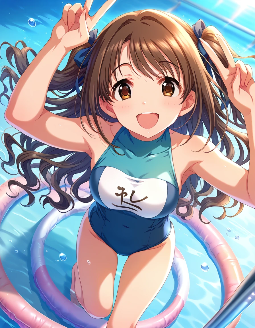 score_9, score_8_Excellent, score_7_Excellent, sauce_anime,
evaluation_Sensitive, Sexually suggestive,
One person, smile, Joyful, Open your mouth，Double Peace，Old school swimsuit，
Outdoor, Sunbeam,Pool，Swim ring， Long Hair, Brown Hair, Wavy Hair,  one side Excellent,  Hair Ribbon, Brown eyes, Mid-chest, Thighs, Gravure pose，