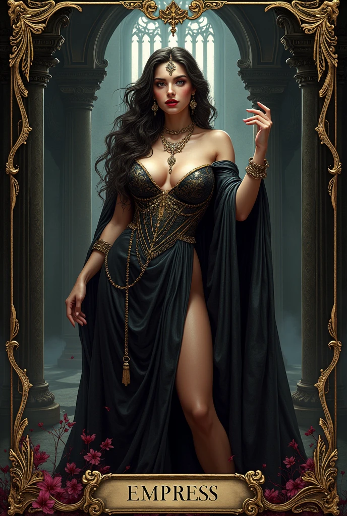 Inanna in Cinderella style, (work of art), best qualityer, (transparentes), expressive eyes, rosto perfeito Inanna dressed in black and gold, sumerian goddess style,, in dominatrix attire with an almost transparent black cape, dramatic diffused lighting. She holds a scepter with a red gemstone. she is gigantic and strong, over 2 meters tall. the background is made of a wall of gigantic stones and a garden