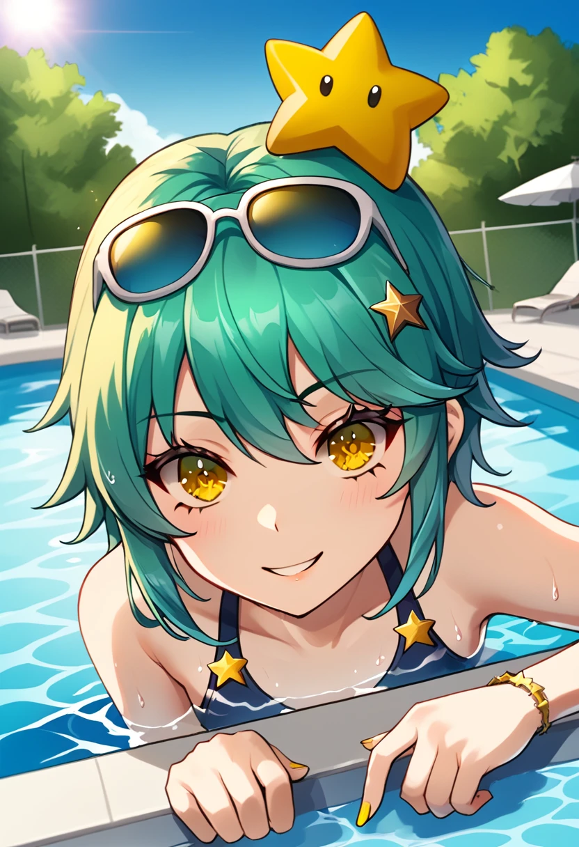 Girl with long dark turquoise hair, yellow eyes, yellow star pin in her head in a swimming pool 