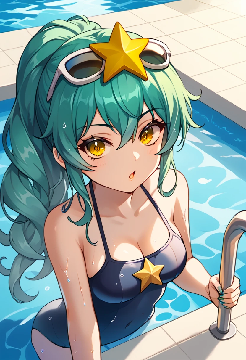 Girl with long dark turquoise hair, yellow eyes, yellow star pin in her head in a swimming pool 