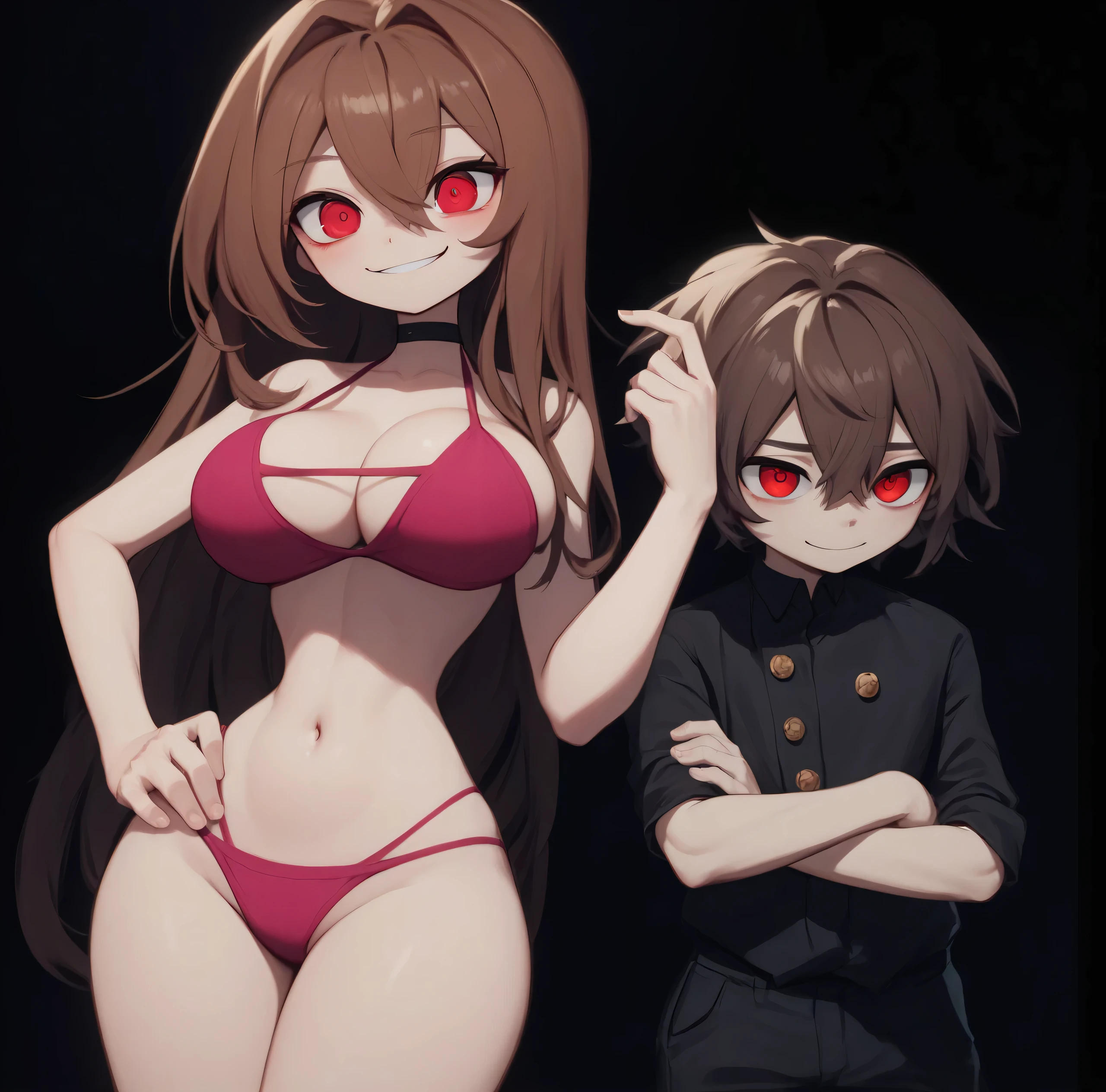 masterpiece, 4k, details, extreme details, high resolution, 1 woman , long brown hair, red eyes, mischievous face, smile, pink bikini, belly, large breasts , standing on your hips // masterpiece, 4k, details, extreme details, high resolution, 1 boy , messy brown hair, red eyes, shy face, gakuran shirt , black dress , black pants , cross your arms , black background