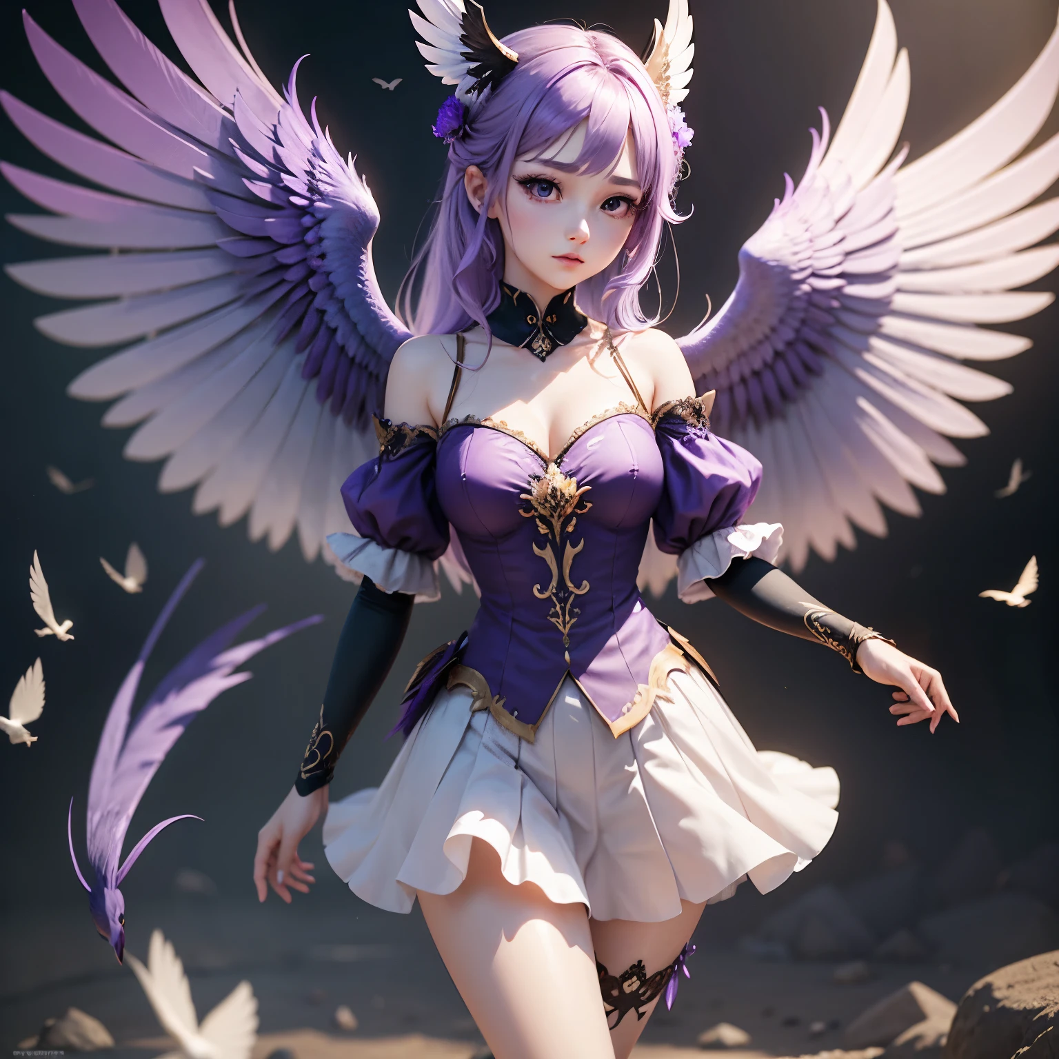 A eldritch angel (central body of a violet lion, 6 pairs of radiant crystal wings, numerous white tentacle eyestalks with neon green eyes) has appeared in a holy corona and approaching the viewer set in a park in daytime