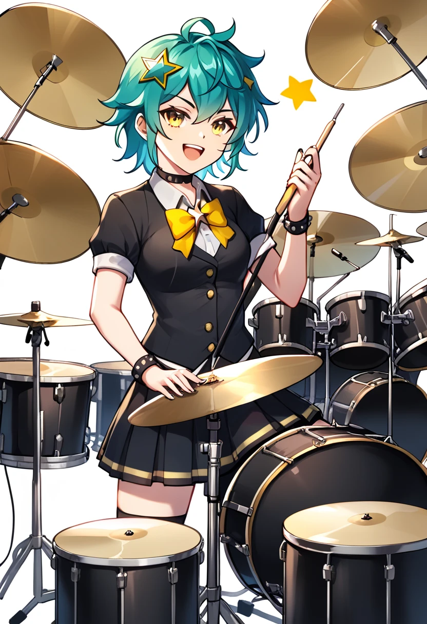 Girl with long dark turquoise hair, yellow eyes, yellow star pin in her head playing drums