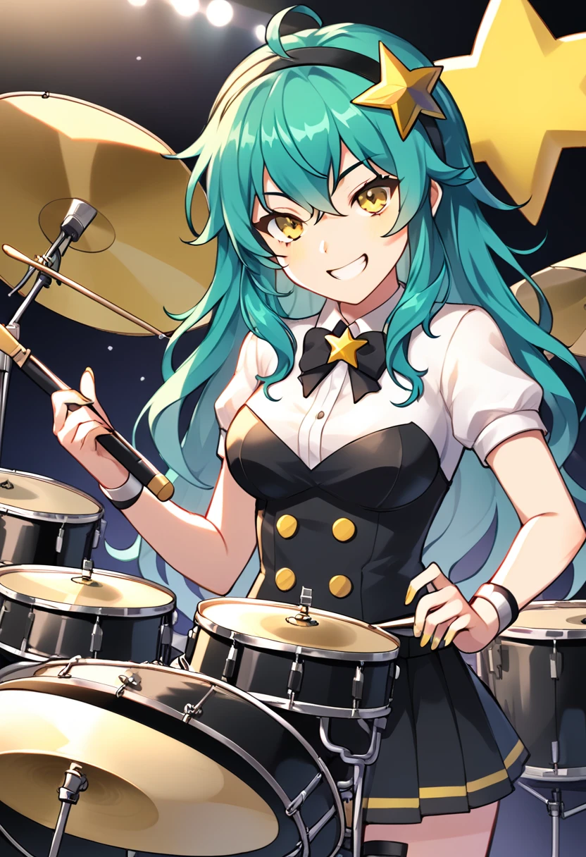 Girl with long dark turquoise hair, yellow eyes, yellow star pin in her head playing drums