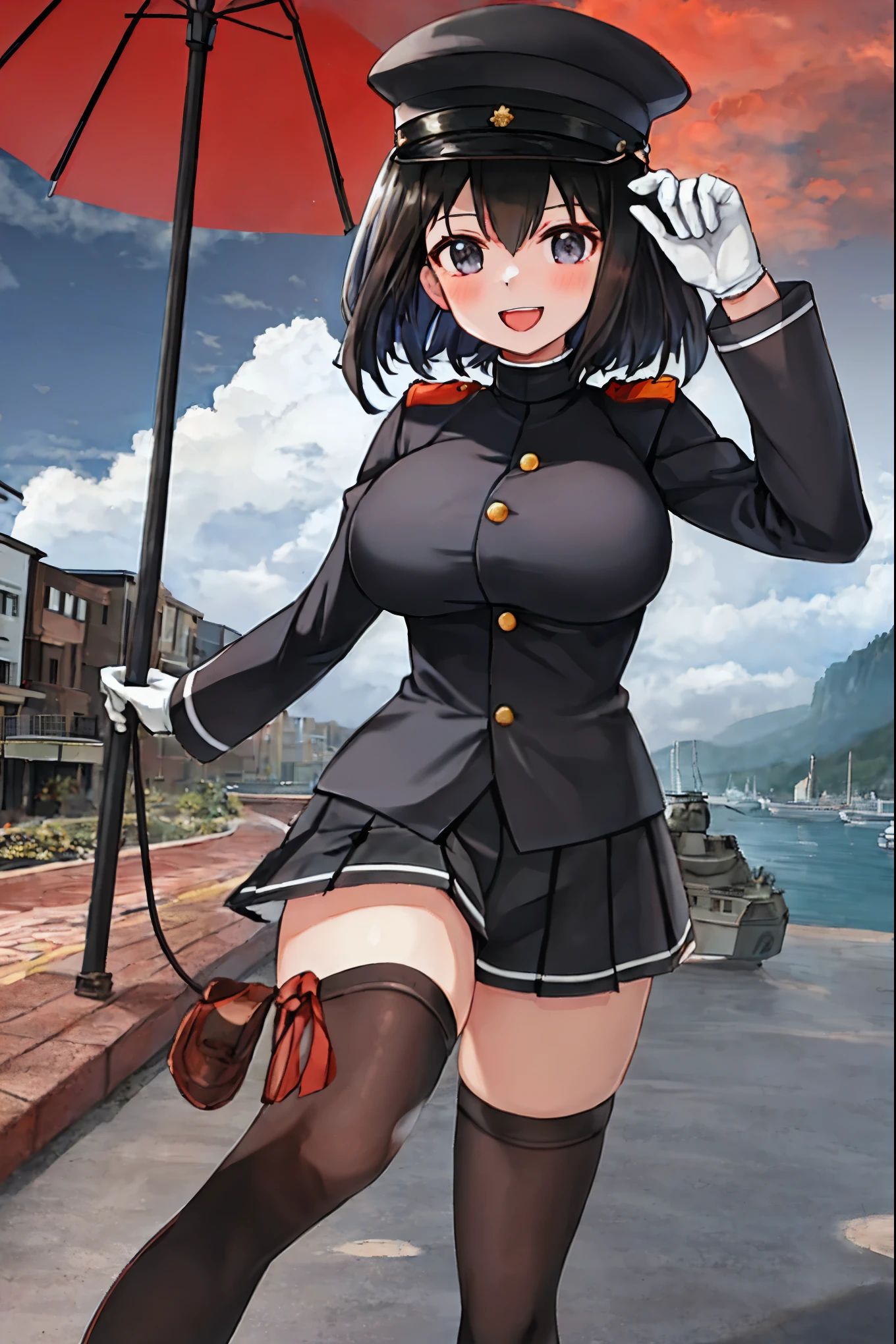 best quality, masterpiece, solo, {akitsu_maru_kantaicollection:1.15}, black_hair, short_hair, hat, peaked_cap, black_eyes, military, big_breasts, 1girl, black_headwear, looking_at_viewer,black_ military_uniform, uniform, military_hat, in_front_harbor_town_landscape_background, smile,(plump:0.7),,black_thigh-highs,joylight_open_mouth,