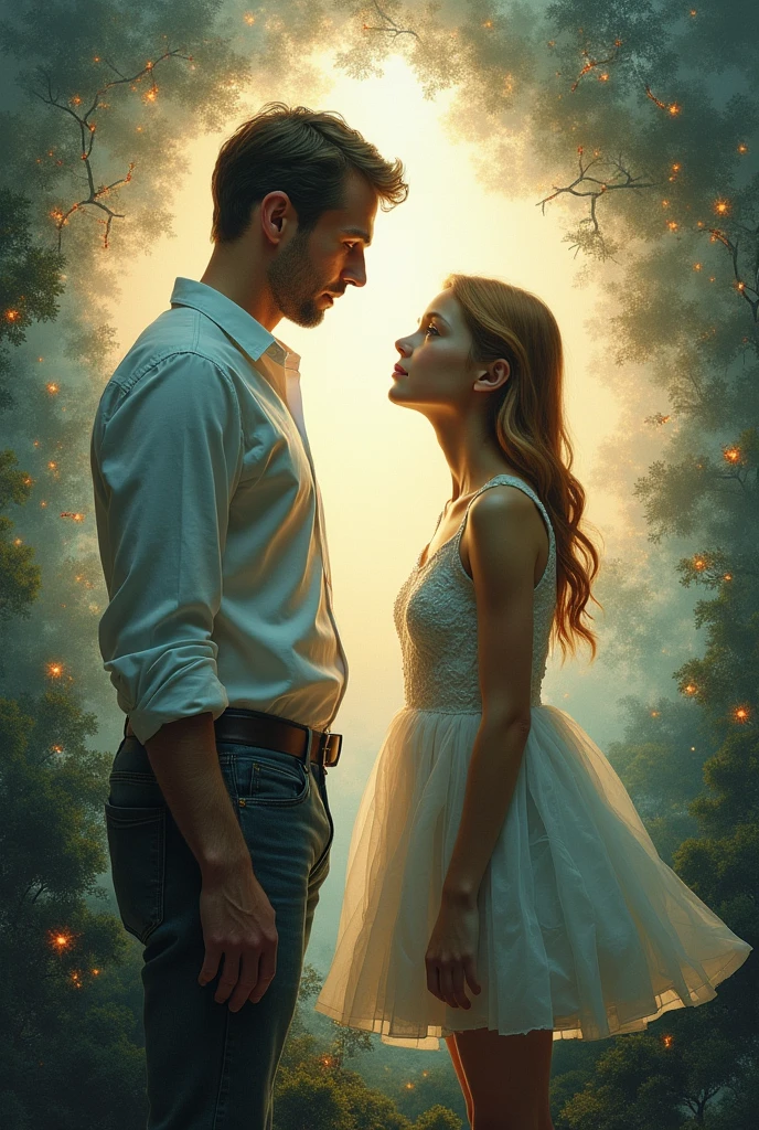 Man woman in love with light that breaks the darkness and destroys ghosts 