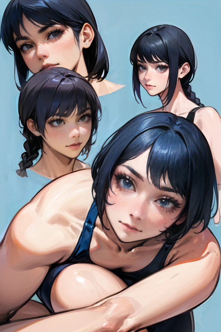 Highest quality、High resolution、Detailed Background、masterpiece、(Highly detailed beautiful face:1.3)、Teenage Girl、(Five men)、Navy school swimsuit、Black Hair、Bob、Cute braided hairstyles、Realistic、Attractive thighs、