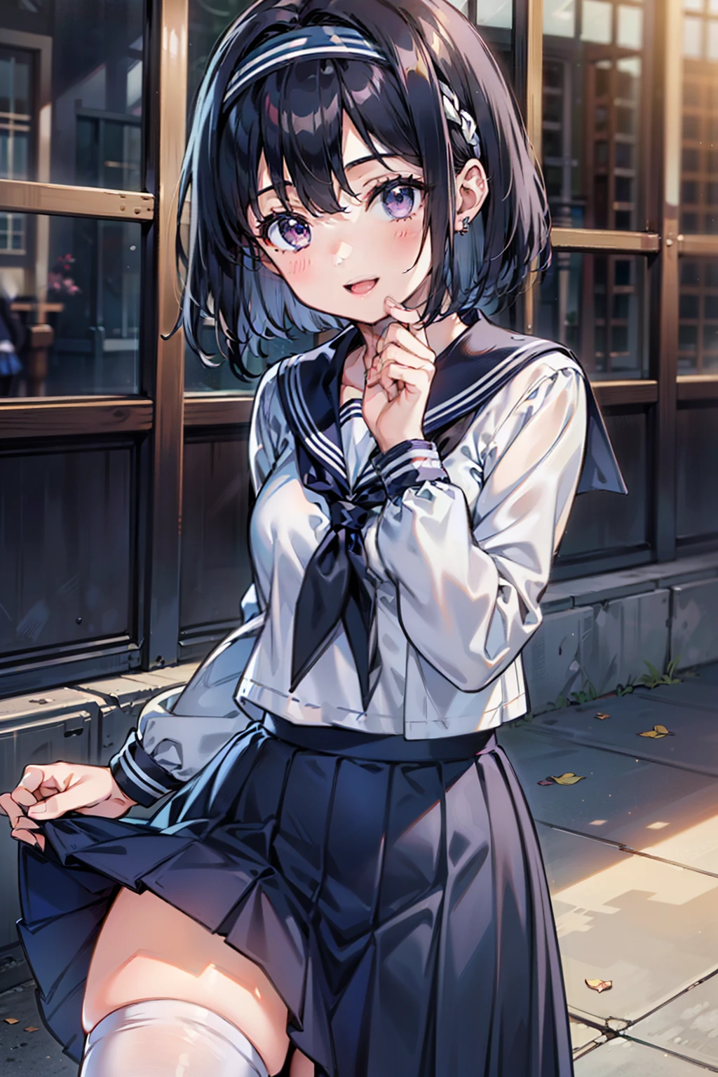 body 8 times longer than head, (Highly detailed CG unity 8k), (highest quality)，(very detailed)，(ultra high resolution), black hair, High school girl wearing a navy sailor suit, Anime 2D rendering, realistic young anime high school girl, (White headband:1.4), smile, purple eyes, small breasts, tall, slanted eyes, (school scenery), black stockings, bright color, open your mouth a little, (Dark blue long skirt:1.4), bob cut, 艶のある膝, 