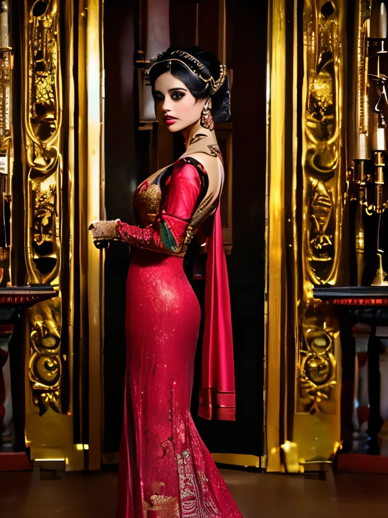 arafed woman in a red dress standing in front of a gold wall, a photo by Galen Dara, cg society contest winner, arabesque, red and gold ornate dress, wearing a steampunk sari, orientalisme, haute couture fashion shoot, ornate dark red opulent clothing, gorgeous woman, dressed in silk, red and gold sumptuous garb