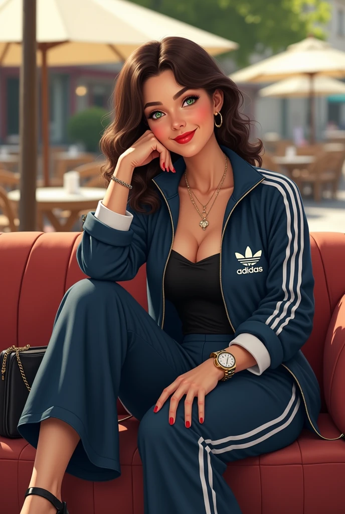 Full body beautiful white skin latin woman, 5'7" tall, ponytail medium brown hair, deep green eyes, wearing zipped up adidas tracksuit (dark blue bell bottom pants, white jacket), rolled up sleeves, zipped up jacket, up collar, cleavage, happy smile, high hill sandals, summer sunny day, watch and bracelet, neck chain, ear rings, making the bed