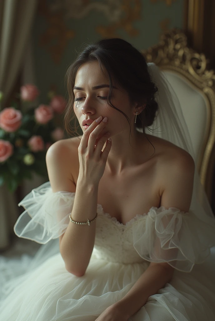 Woman on knees, oval face, ((from above)), crying, sad, wedding dress, brown long hair, ((looking at viewer)), runied makeup, atlethic body,