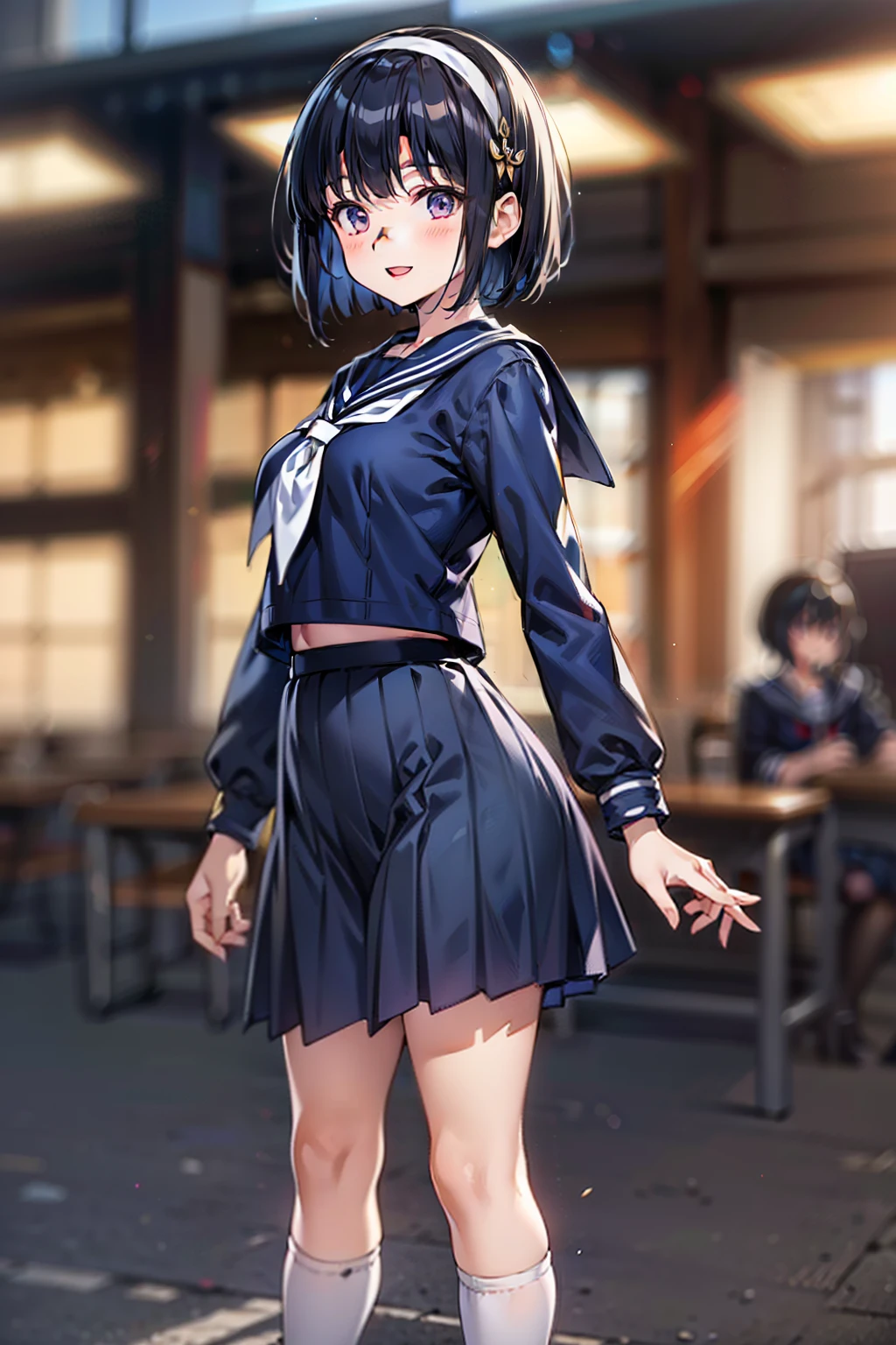 body 8 times longer than head, (Highly detailed CG unity 8k), (highest quality)，(very detailed)，(ultra high resolution), black hair, High school girl wearing a navy sailor suit, Anime 2D rendering, realistic young anime high school girl, (White headband:1.4), smile, purple eyes, small breasts, tall, slanted eyes, (school scenery), black stockings, bright color, open your mouth a little, (Dark blue long skirt:1.4), bob cut, (blurry background:1.4), Glossy kneecaps, 