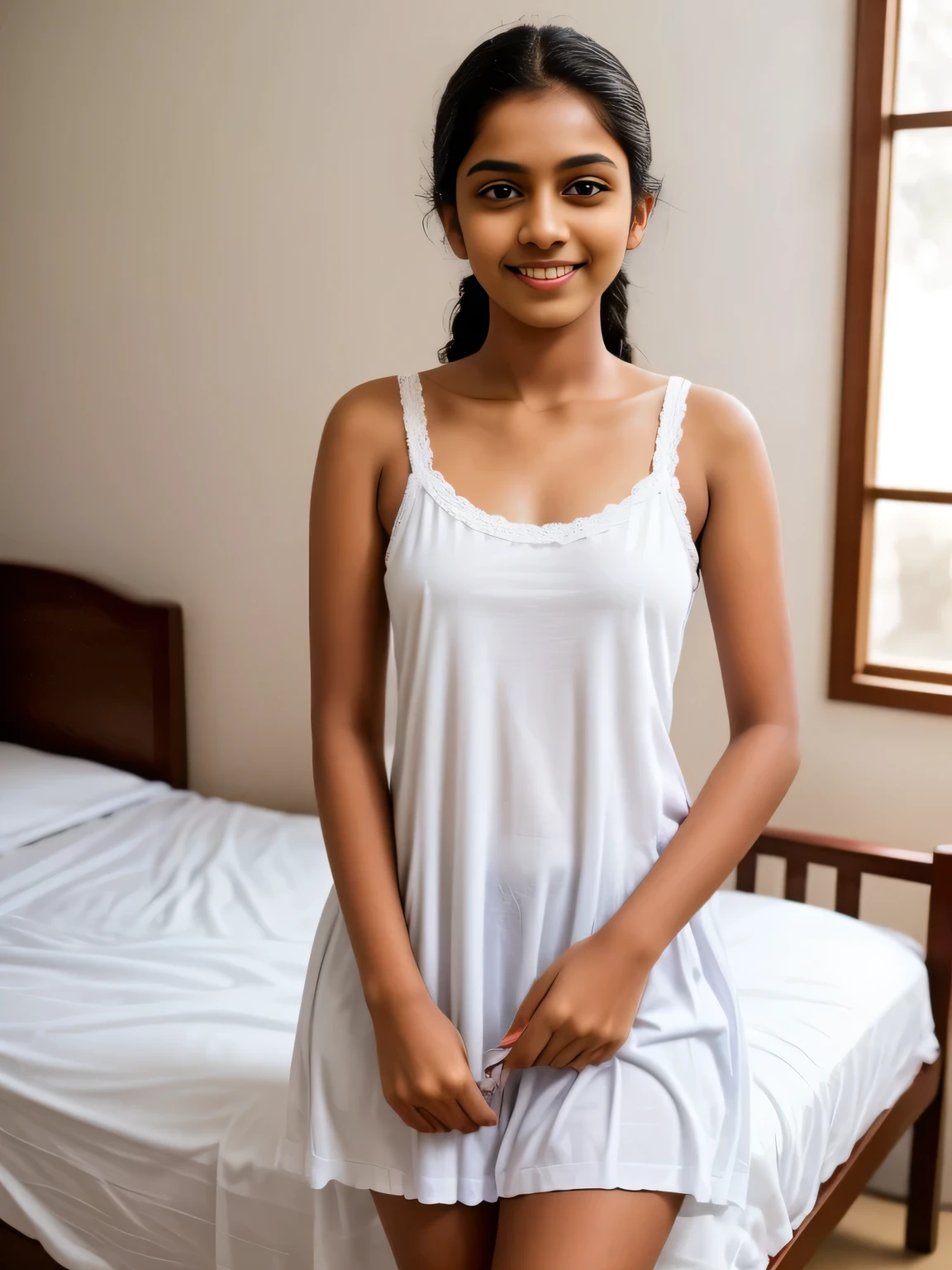 Sri lanka teen  girl, wearing white clothes and white short , in the bedroom,  (slim, small, flat, small), photorealistic, detail, skin texture, super detail, delicate and sexy collarbone, smile