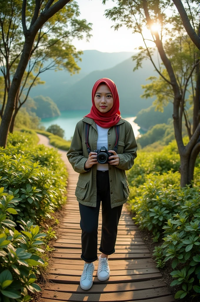 a beautiful girl wearing a hijab shawl wearing a checkered tunic shirt, wearing long tight white jeans wearing sports shoes, wearing a bag on her back, is on a suspension bridge, around her there is green lake water and there are trees that are falling because of autumn while smiling holding the camera
