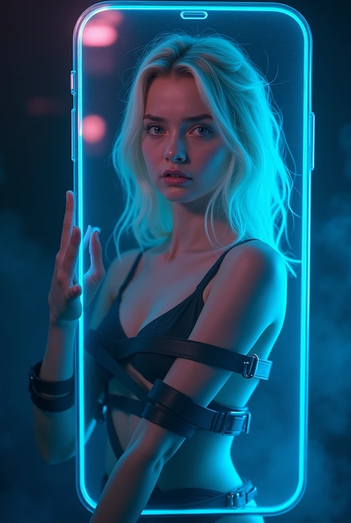 (masterpiece:1.2), (best quality,:1.2), 8K, HDR, Extremely detailed, ((Reality)), A mobile phone,Mobile interface,Inside is a sexy blonde in chains,Sexy bikini,Pornographic expression,Huge breasts,Ambiguous blue-purple light