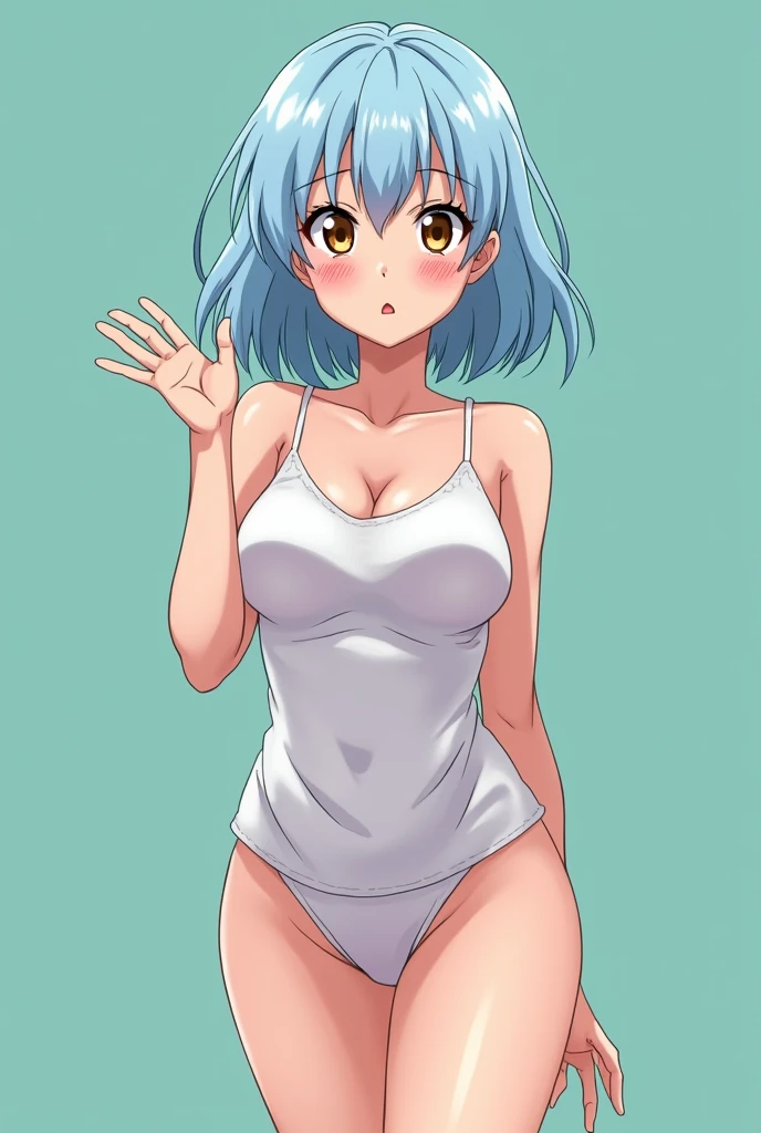 Light blue hair, light blue eyes, woman, smooth, short bob, naked, big breasts, smiling, small face, Japanese, anime style, hair on forehead, no makeup, high school girl, full view, front, pussy