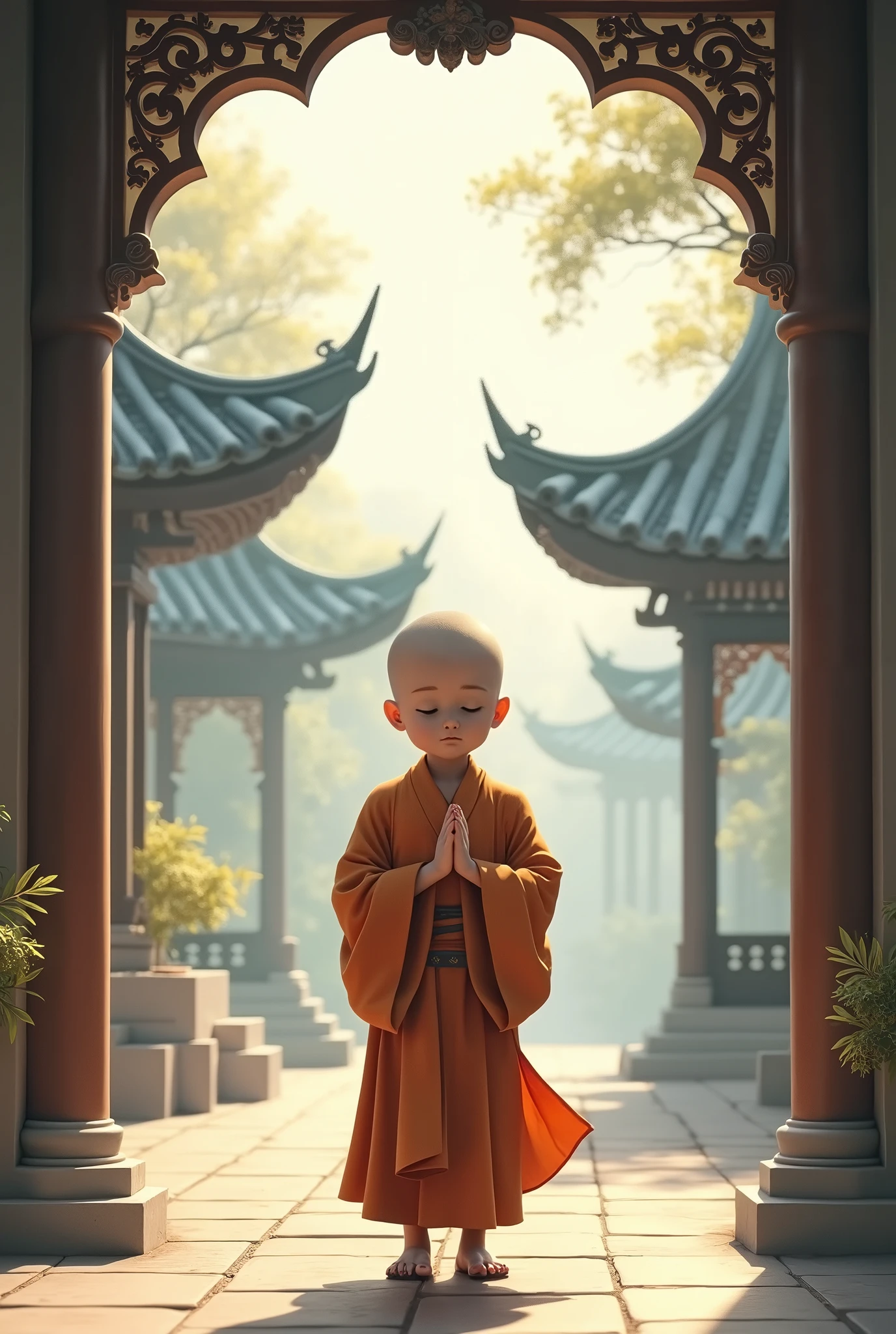 With a smile，Eyebrow beauty，Little monk without hair，Buddha sitting in front of the temple knocks on wooden fish