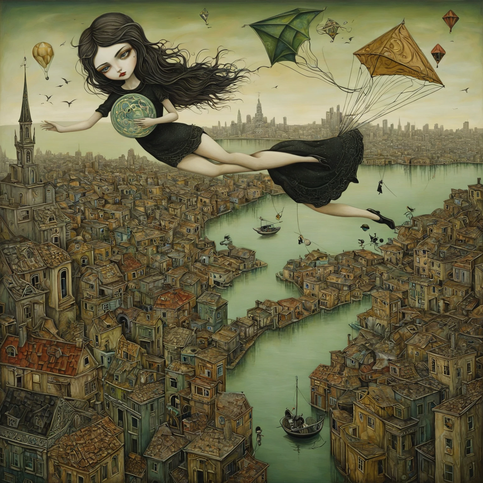 Aesthetic Surrealism painting, fusion of techniques, palette, styles by Esao Andrews, Aubrey Beardsley, Leonora Carrington, Surreal landscape, foreground of a girl floating on a kite over a dream-like city. Aesthetic surrealism, oil painting, golden sepia, green outline of canvas details, detailed facial features, whimsical contrast, highly detailed, cinematic lighting, vivid colors, dramatic composition, intricate details, digital art, surreal, mysterious, imaginative, ethereal, magical realism, light shading creates volume and depth, emotional expression, elements of symbolism and decoration to create a mystical atmosphere, unexpected details to create a mysterious and intriguing setting, Color Palette: Warm and rich colors - deep reds, golds and greens
