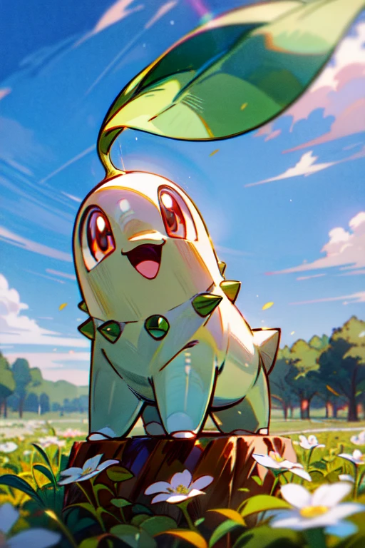 (masterpiece, best quality:1.2), highly detailed, POV, illustration, 1pokemon, (chikorita), happy, blue sky, white flower field background, absurdres