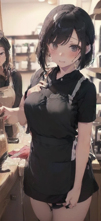 One boy, One woman, blush, Open your mouth, Heterosexual, Short Hair, Sweat, Black Hair, Surrounded by multiple men, small breasts, eye highlights, black eyes, detailed eyes, bunny girl, serving, smiling, coffee shop, sexual harassment