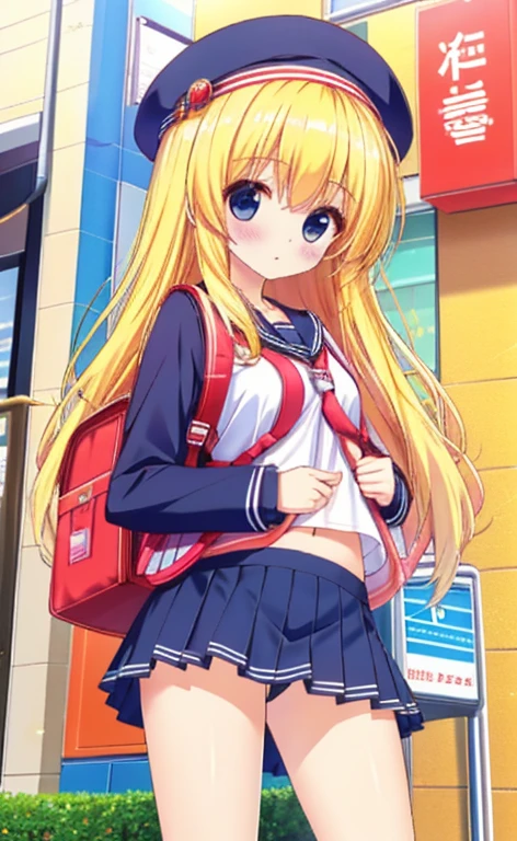 Beautiful long blonde girl　Small breasts　No underwear　mini skirt　Crime prevention buzzer　Red School Bag　Backpack