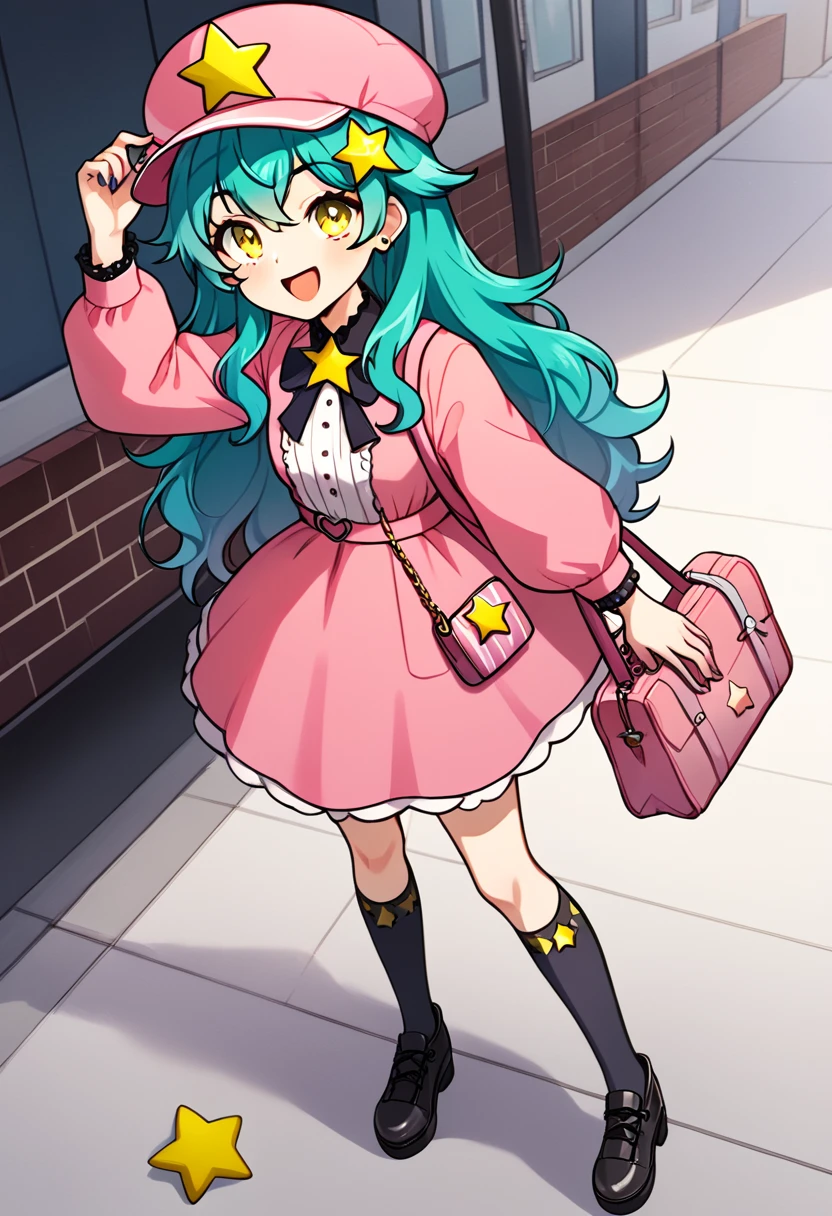 Girl with long dark turquoise hair, yellow eyes, yellow star pin in her head, dark pink dress, long pink and black socks, pink hat, black and pink bag