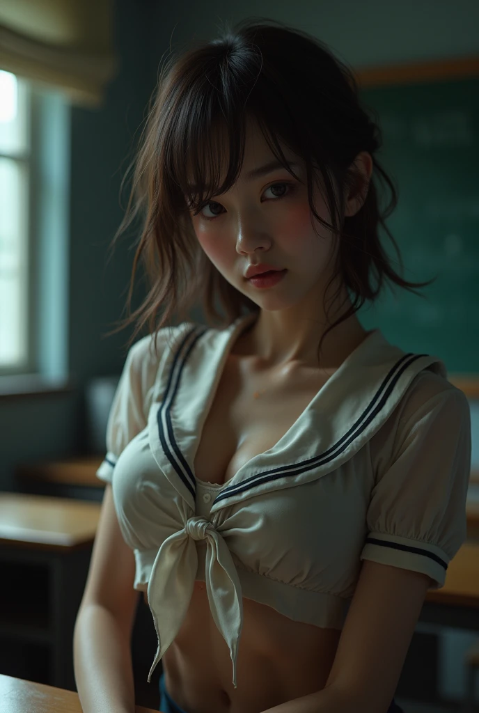 (Beautiful Japanese woman), (:1.4),High resolution, in 8K、RAWphotographgraphy、Highest quality、masterpiece、1 teenage girl, (flat  like a boy:1.2), ((skinny body:1.2)), wavy hair, Anatomically Correct, high school uniform, show off her beautiful 