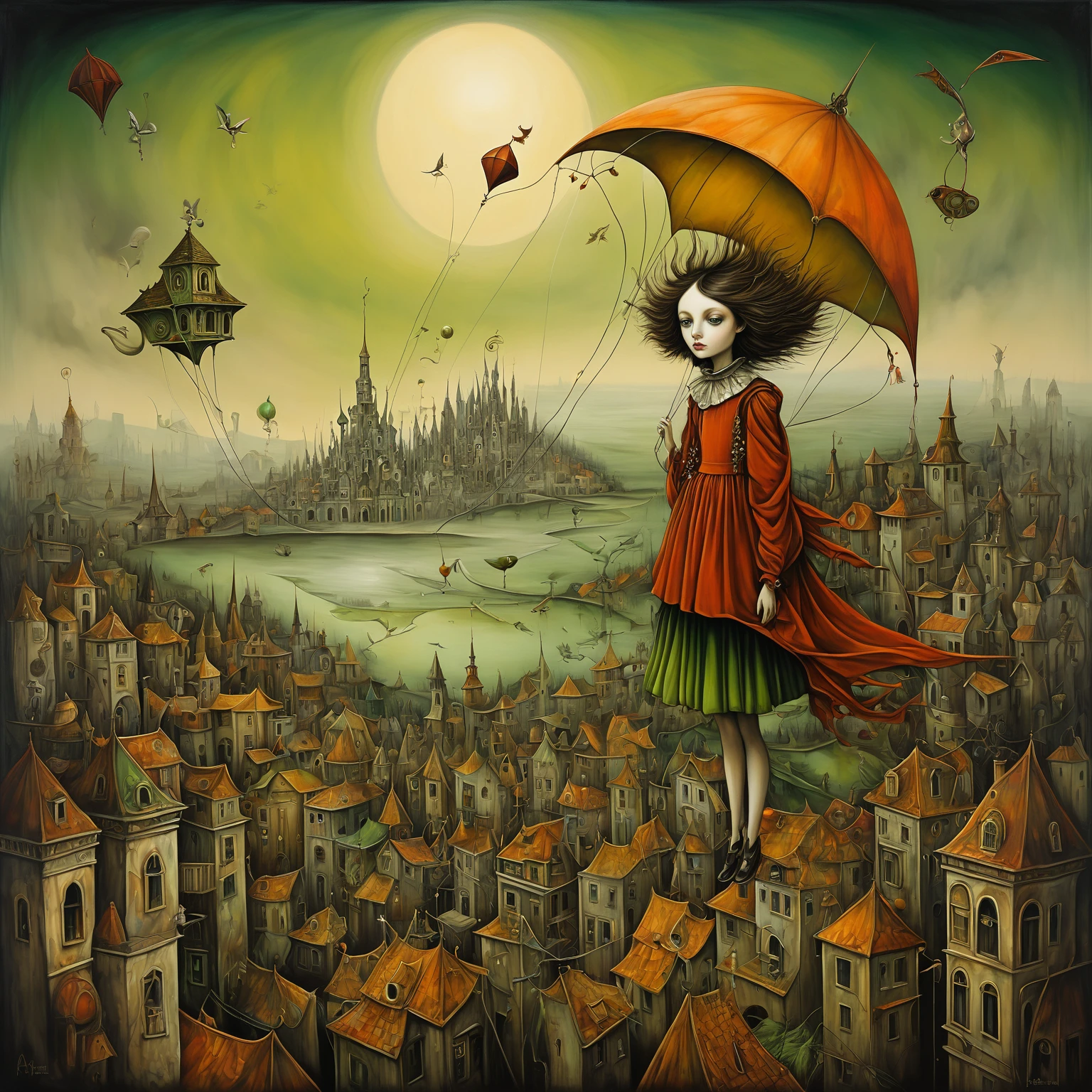 Aesthetic Surrealism painting, fusion of techniques, palette, styles by Esao Andrews, Aubrey Beardsley, Leonora Carrington, Surreal landscape, foreground of a girl floating on a kite over a dream-like city. Aesthetic surrealism, oil painting, golden sepia, green outline of canvas details, detailed facial features, whimsical contrast, highly detailed, cinematic lighting, vivid colors, dramatic composition, intricate details, digital art, surreal, mysterious, imaginative, ethereal, magical realism, light shading creates volume and depth, emotional expression, elements of symbolism and decoration to create a mystical atmosphere, unexpected details to create a mysterious and intriguing setting, Color Palette: Warm and rich colors - deep reds, golds and greens