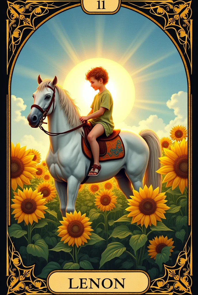 Take the picture of a boy riding a horse with a white horse and sunflower on his back