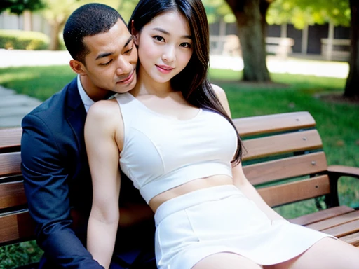 A beautiful glamorous cute Japanese woman in a white sleeveless top and white pencil skirt sits on a bench outdoors and gets intimate with two shirtless black men