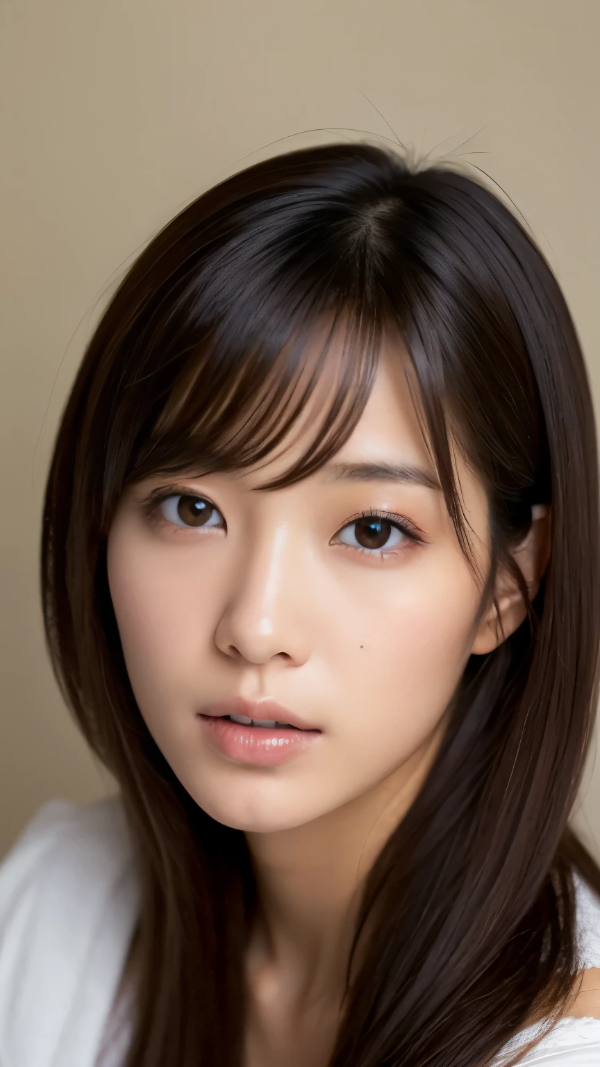masterpiece, I wear a lot of makeup:1.5、eye shadow:1.6、One beautiful girl, Fine grain, Cute eyes, quality, 超High resolution, (Realistic: 1.4), RAW Photos, 1. Cute girl, Cinema Lighting,Asian Beauties,European Beauty, so beautiful, Beautiful skins, slim, Body facing forward, (Ultra-photorealism), (High resolution), (8k yen), (Very detailed), (Best Illustration), (Beautiful and delicate eyes), (Very detailed), Detailed face, View your viewers,smile, Staring straight ahead、Wearing a camisole:1.6,A loose camisole ,Short fine hair,Brown Hair,Detailed hair,White background,Clean room,